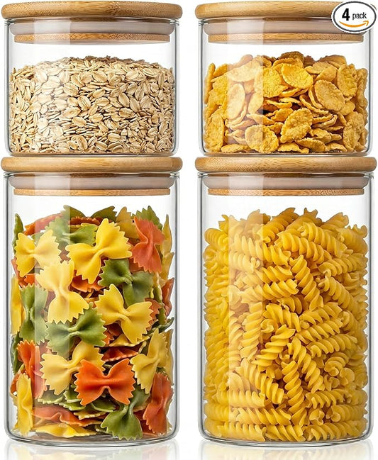 32oz & 21oz - 4 Pack Glass Jars with Bamboo Lids, Glass Pantry Storage Containers with Airtight Lids, Round Air Tigh Food Storage Canisters for Cereal, Pasta, Flour, Sugar, Best for Kitchen Organizer by HomArtist