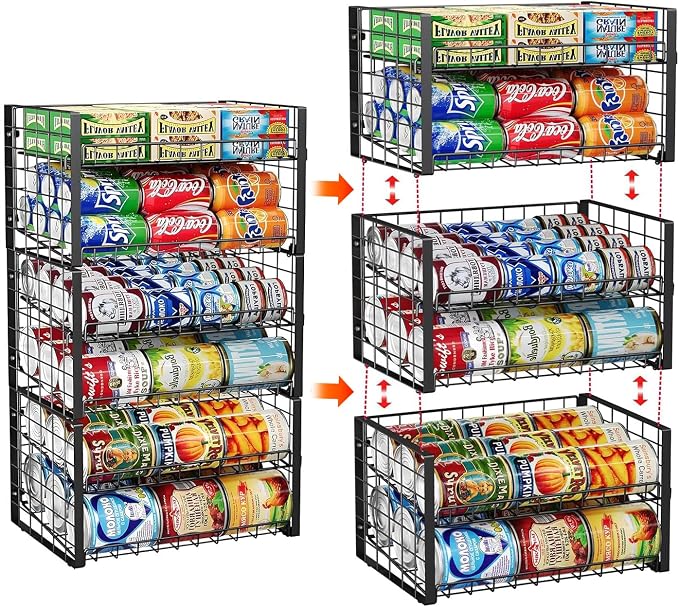JKsmart 2-Tier Stackable Rack Organizer for Pantry, Adjustable Dispenser Holds Up to 88 Cans, Storage Holder for Various Ounces of Canned Drinks, Black, 3 Pack by JKsmart