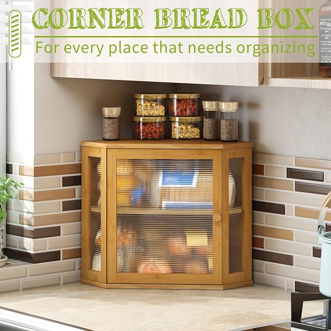BMOSU Corner Bread Box for Kitchen Countertop Double Layer Bamboo Wooden Bread box Large Capacity Bread Storage Bin(Natural, Medium) - Image 3