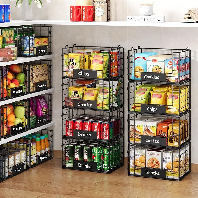 JKsmart 4 Pack XL Stackable Wire Baskets, Pantry Organizers and Storage | Pantry Baskets with Handles and Name Plates, Muti-Purpose for Snack Organizer & Vegetable Basket & Fruit Basket & Snack Rack - Image 4
