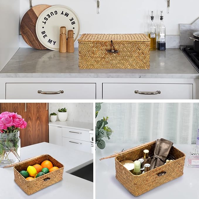 Hipiwe Small Woven Shelf Baskets Bin with Lid Seagrass Wicker Storage Box | Handmade Seagrass Basket Organizer Rectangular Household Basket Boxes for Shelf Wardrobe Home Decor, Caramel - Image 2