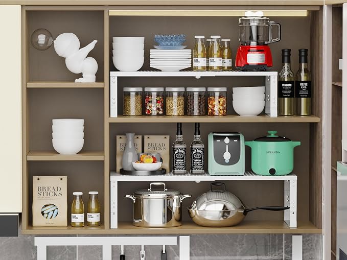Jojocross Adjustable Expanable Stackable Spice Rack Shelf Pantry Storage Organizer for Kitchen Cabinet,Countertop,Bathroom and More.Space is no Longer Limited(2Packs/White/Large) - Image 6