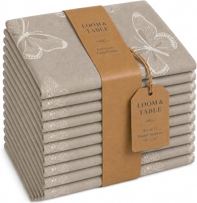 Butterfly Sage Polycotton Napkins by Loom & Table - Set of 12 - Elegant, Wrinkle-Resistant, Machine Washable – Luxury Napkin for Dining Room, Weddings, Dinner Parties, Holidays, Birthdays - 18 X 18 by LoomandTable