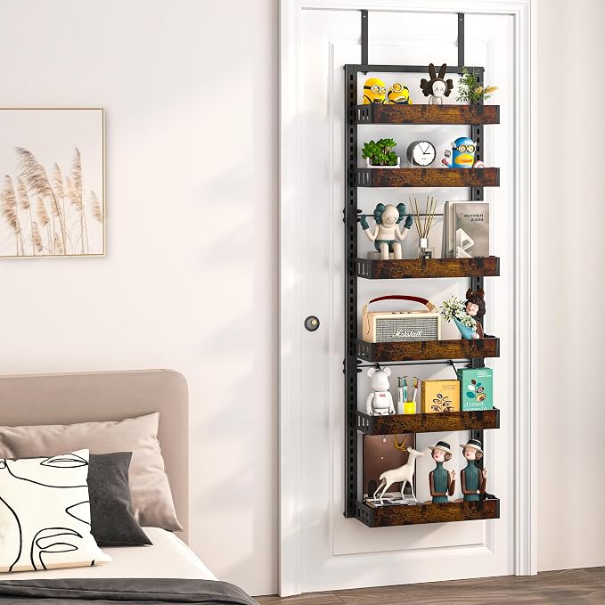 BUKFEN 6-Tier Over the Door Pantry Organizer, Adjustable Basket Spice Rack | 2-IN-1 Door & Wall Mounted, Heavy Duty Metal Storage Shelf,12 Hooks, Back of Door Organizer for Kitchen, Bathroom, Closet - Image 6