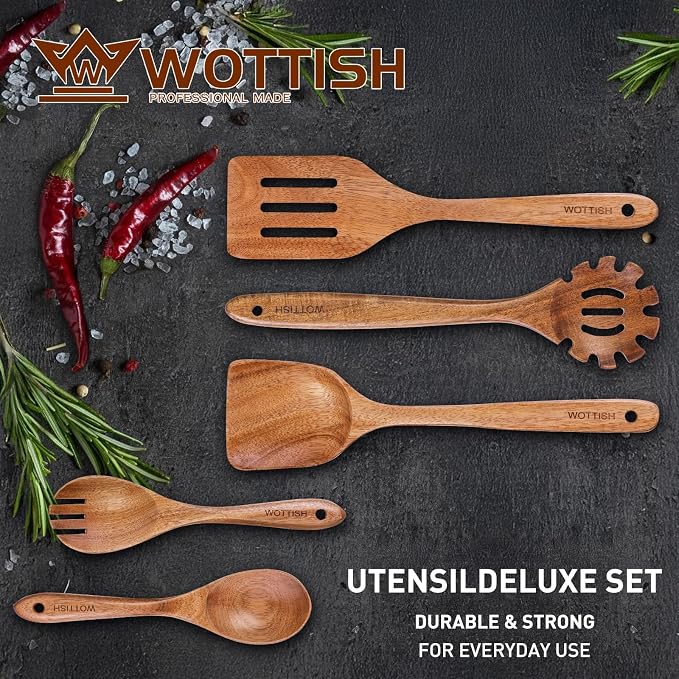 Wooden Kitchen Utensil Set - Natural Solid Wood Spoons, Non-Toxic, Heat Resistant, Non-Scratch and Easy to Clean (A05) - Image 2