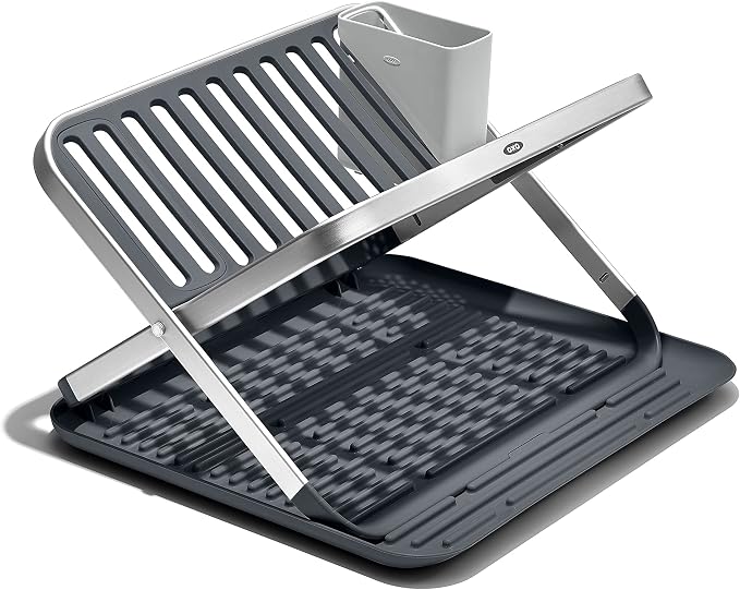 OXO Good Grips Aluminum Fold Flat Dish Drying Rack, 2-Tier, with Drainboard, for Kitchen Counter, Collapsible by Unknown