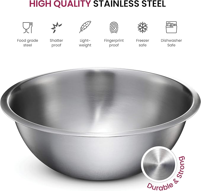 FineDine Stainless Steel Mixing Bowls (Set of 5) Stainless Steel Mixing Bowl Set - Easy To Clean, Nesting Bowls for Space Saving Storage, Great for Cooking, Baking, Prepping - Image 6