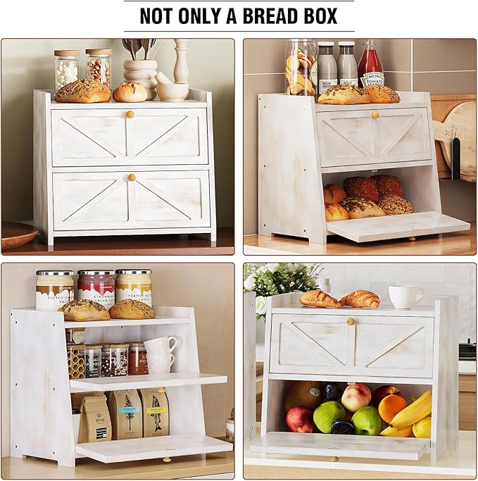 Trironsun Vintage Double Layer Bread Box for Kitchen Counter Bamboo Bread Storage Container Large Capacity Bread Storage Bin (Antique White) - Image 7