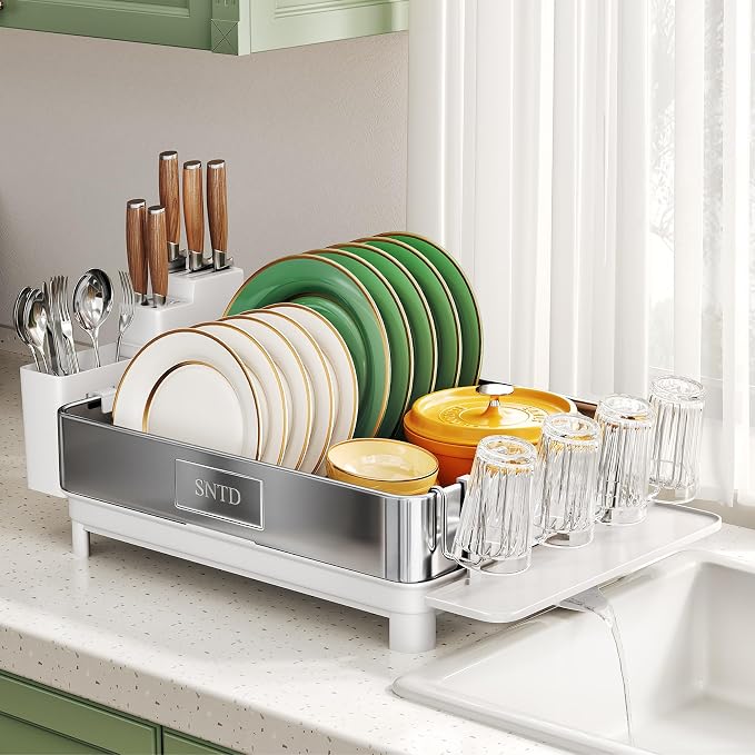 SNTD 304 Stainless Steel Dish Drying Rack for Small Kitchen Counter, White | Rustproof, Large Capacity, Heavy-Duty Frame, Rotating Spout, Angled Drainboard, Removable Cup & Utensil Holder - Image 2