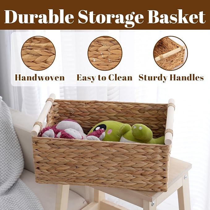 Wicker Storage Basket, Woven Shelf Organizer, 15.5x10.8x6.2 | 15.5x10.8x6.2" natural wicker basket with handles; rectangular shelf organizer for kitchen, bathroom and living spaces. - Image 4