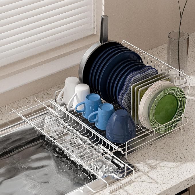 Dish Drying Rack Stainless Steel Expandable Large | Dish Drainer for Kitchen Counter with Stainless Drain Board Rustproof Collapsible Space Saving - Image 2