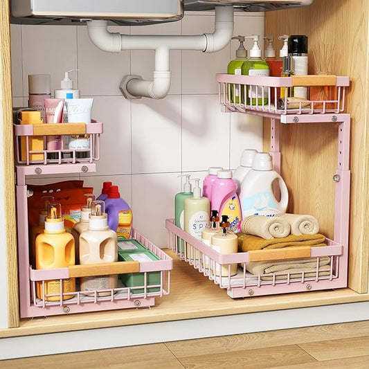 PXRACK Under Sink Organizer, Adjustable Height, 2 Tier Pull Out Under Cabinet Organizer, Slide Out Thickened Metal Under Sink Storage for Kitchen Bathroom Laundry Pantry Cabinet, Pink, Large-2-Pack by PXRACK