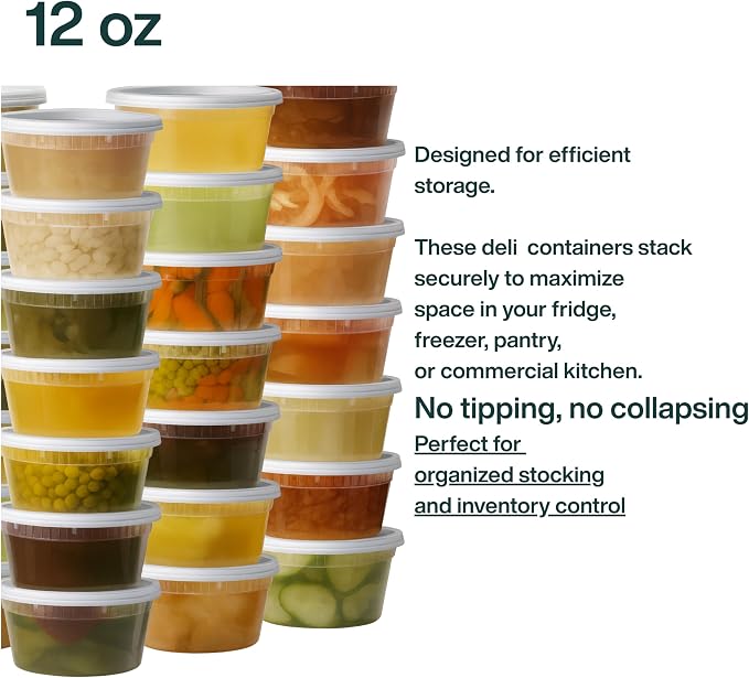 [12oz-100 Set Plastic Deli Containers with Lids - BPA Free Clear Soup Containers with Airtight Lids, Leak Resistant Food Storage for Meal Prep, Stackable/Microwave/Dishwasher/Freezer Safe - Image 6