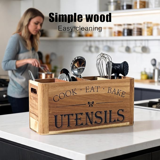 Utensil Holder for Kitchen Countertop - Extra Large 4 Compartment Wooden Organizer in Acacia Wood, Storage for Cooking Tools and Cutlery, Farmhouse Style for Home Cooking - Image 8