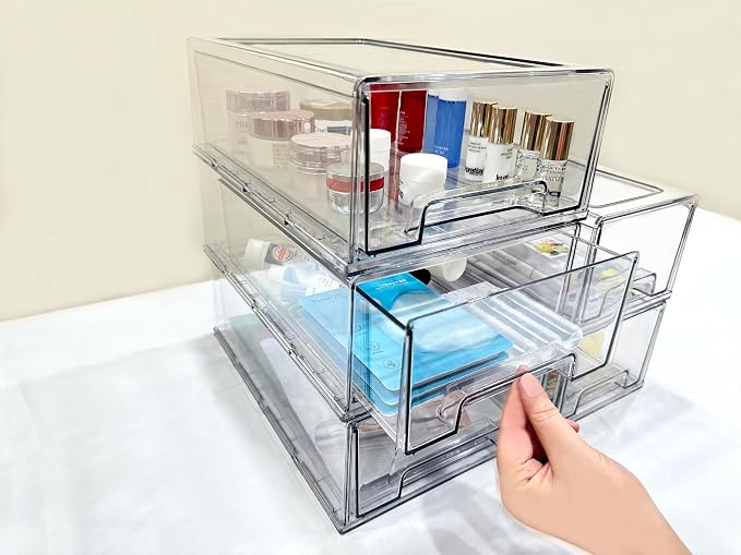 Stackable storage drawers, clear pull-out organizer with handles and non-slip pads for kitchen, refrigerator,office desktop, pantry and shelves, perfect for organization and storage (2 Pack, Large) - Image 7