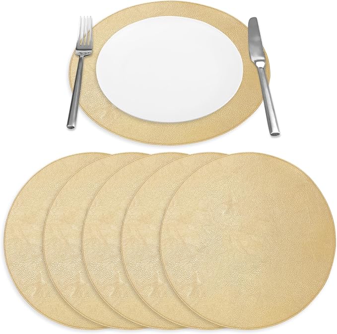 Placemats Set of 6 – Round 15” Faux Leather Table Mats for Dining, Heat Resistant & Non-Slip Washable Table Decor, Indoor, Outdoor, Dining Table Set for 6, Modern Kitchen & Holiday Use, Gold - Image 6