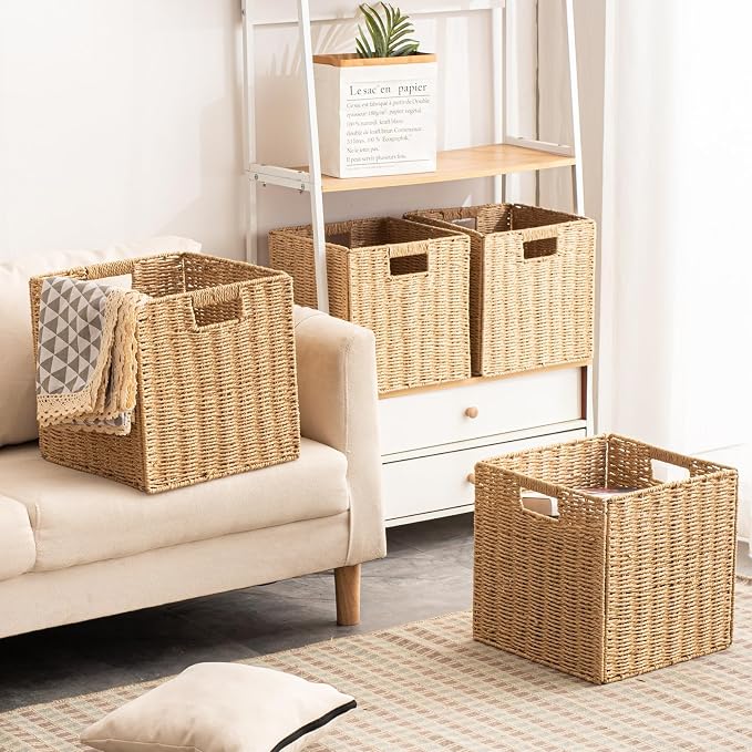 Foldable Storage Baskets with Handles Paper Rope Storage Baskets Rectangle Collapsible Hand Woven Storage Cubes Bins for Organizing Shelves Living Room Bedroom Pantry (4, 11'' x 11'' x 11'') - Image 3