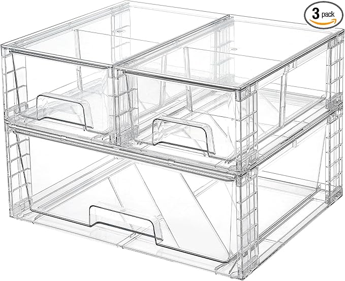 Vtopmart Clear Stackable Storage Drawers, 3 Pack Wide Organizer Set | Wide and Small Pull-Out PET Drawers with Stackable Design for Bathroom Organization, Cabinets, Closets, Pantry and Medicine by Vtopmart