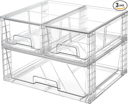 Vtopmart Clear Stackable Storage Drawers, 3 Pack Wide Organizer Set | Wide and Small Pull-Out PET Drawers with Stackable Design for Bathroom Organization, Cabinets, Closets, Pantry and Medicine by Vtopmart