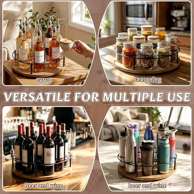1 Pcs 9 Bottles Rotating Coffee Syrup Organizer, Large S Syrup Rack Carbon Steel Frame with Wooden Base Bottle Holder Stand for Coffee Bar Station, Turntable Wine Display Tray - Image 5