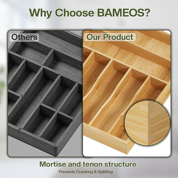BAMEOS Bamboo Flatware Organizer 16.5×12.8 –Silverware Tray for Small Kitchen Drawers, 2" H Cutlery Holder | Forks, Spoons, Knives - Image 4