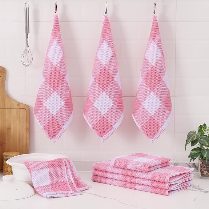 Homaxy Kitchen Towels and Dishcloths Set, Set of 12, White & Pink | Bulk Cotton Waffle Weave Check Plaid Kitchen Towels, Super Soft and Absorbent Dish Cloths, 12 x 12 and 13 x 28 Inches - Image 3