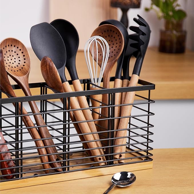 WDT Tool Large Utensil holder for Kitchen Counter- 15.7" x 4.2" x 6.9" Utensils Holder For Farmhouse Cooking, Utensil Caddy Spatula Holder (4 Compartments) - Image 5