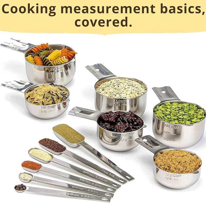 Simply Gourmet Measuring Cups & Spoons Set of 12, 18/08 Stainless Steel Kitchen Gadgets, Stackable Design with Long Handle Spoons, Fits in Spice Jars, Cooking & Baking Set for Dry & Liquid - Image 3