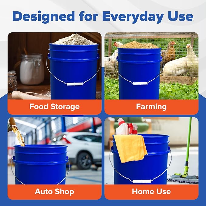 5 Gallon Bucket - Food Grade w/Lid BPA-Free, 60 Pack - Blue | Airtight Gasketed Tear Strip Lid, Heavy-Duty 90 Mil HDPE Plastic Pail, Bulk Storage, Food Safe Durable Container, Made in USA - Image 7