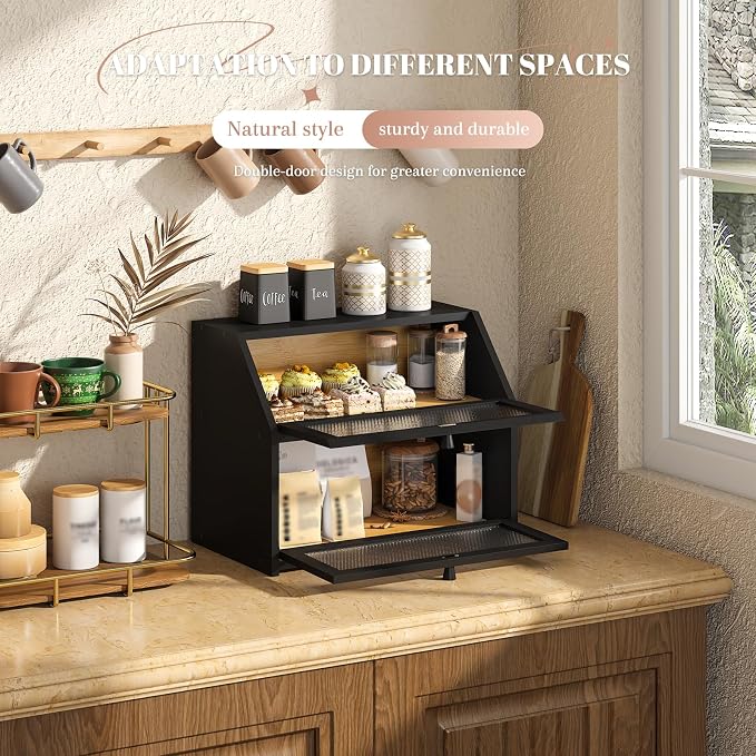 STDDRE Bread Box for Kitchen Countertop Bin Double Layer Bread Box Storage Container Extra Large Capacity Farmhouse with Diamond Pattern Windows (Black, Large) - Image 5