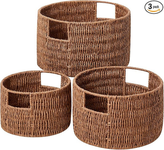Wicker Storage Basket, Hand-Woven Paper Rope Large Round Woven Basket With Handles, Wicker Baskets for Organizing/Storage, Brown, 3-Pack by Vagusicc
