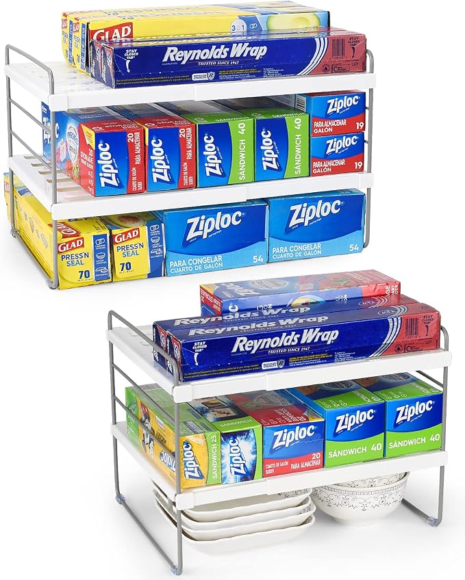 2 Pack Expandable Kitchen Wrap Organizer Rack, Height & Width Adjustable Aluminum Foil and Plastic Wrap Organizer for Pantry, Cabinet Food Wrap Organization and Storage - (3 Tier 9.8 to 15.6"L) by HomeKitchen