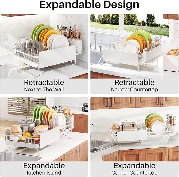 SNTD Large Dish Drying Rack for Kitchen Counter, Expandable, White | Stainless Steel Dish Drainer, Adjustable Length 18.9''-29.3'', Automatic Drainage, 360° Spout, Cutlery Holder with Knife Slot - Image 3