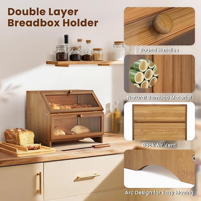 MAISONPEX Double Layer Bamboo Bread Box for Kitchen Countertop, Large Capacity, Cutting Board, Stainless Steel Bread Knife, Double Layer Storage Container with Clear Windows, Walnut - Image 4