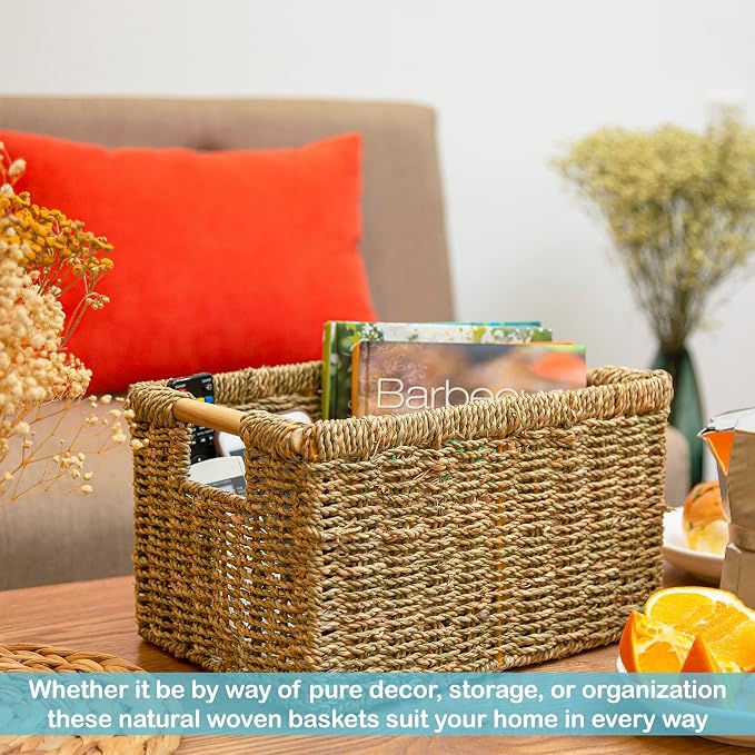 Natural Seagrass Basket with Wooden Handle, Medium Rectuangular Wicker Basket for Living Room 12.2 x 8.9 x 6.7 inches - 3 Pack - Image 8