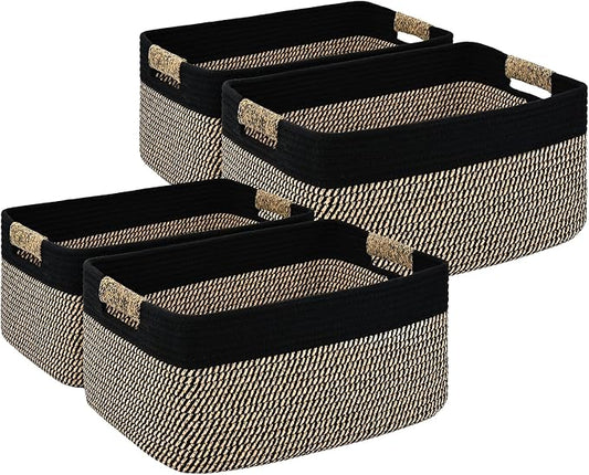 4 Pack Large Storage Basket for Organizing, 17.5"x13"x7" Woven Basket for Shelves, Closet Cube Storage Bins with Wrapped Handle, Cotton Rope Baskets for Kitchen, Clothes, Toys(Black & Brown) by Degeyoyo