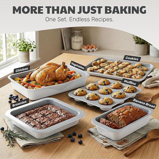 Gotham Steel 6 Pc Stackable Baking Pans Set, 70% Space Saving Design, Ceramic Bakeware Sets Non Toxic Made Without PFOA PFOS, with Baking Sheet Tray, Cake & Muffin Pans, Oven & Dishwasher Safe - Image 6