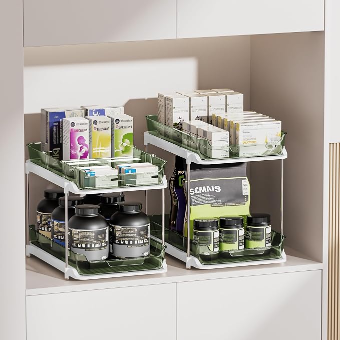 Delamu 2-Tier Multi-Purpose Bathroom Under Sink Organizers and Storage, Stackable Kitchen Pantry Organization, Pull Out Medicine Cabinet Organizer with Movable Dividers, Light Green, 2 Pack - Image 4