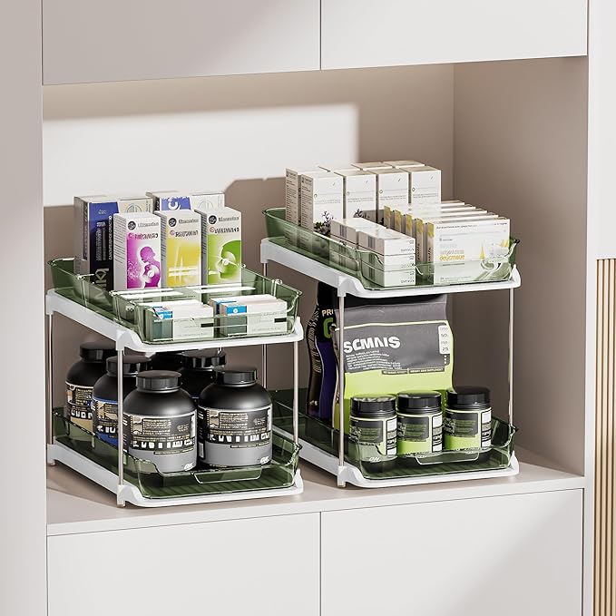 Delamu 2-Tier Multi-Purpose Bathroom Under Sink Organizers and Storage, Stackable Kitchen Pantry Organization, Pull Out Medicine Cabinet Organizer with Movable Dividers, Light Green, 4 Pack - Image 4