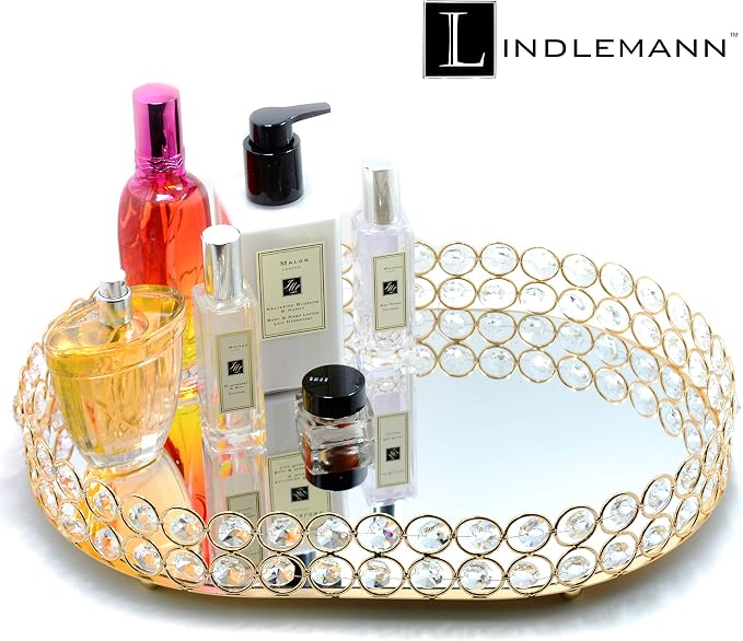 Crystal Vanity Tray Decorative Mirrored Dresser Perfume Trays for Makeup Cosmetic Storage Jewelry Trinket Storage Organizer for Bathroom Countertop Home Décor (Oval, 14x10in, Gold) - Image 5