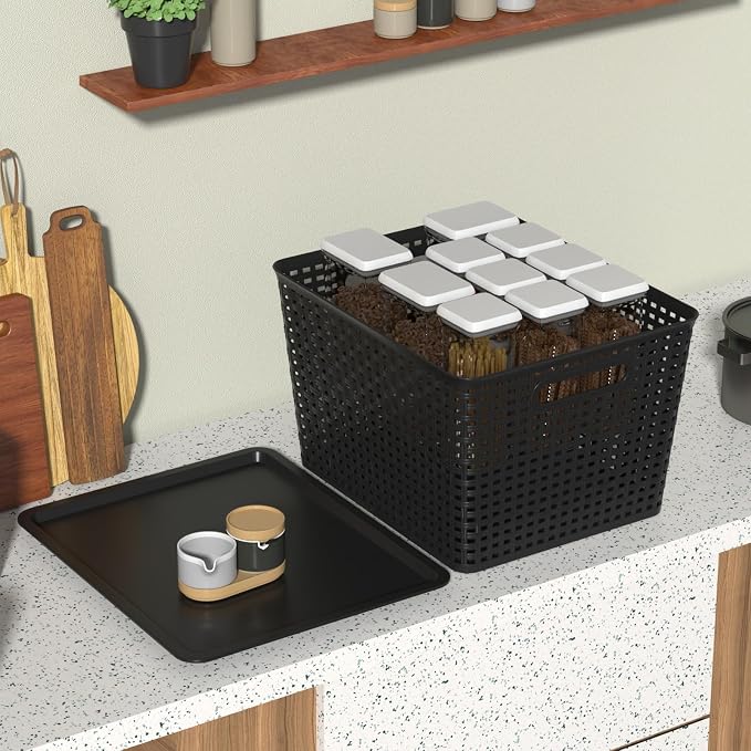Ggbin 6-Pack Large Plastic Weave Basket with Lid, Black Storage Basket Bins - Image 5