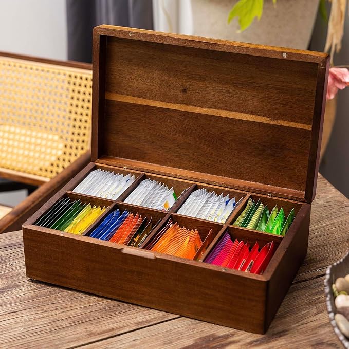 Acacia Wooden Tea Bag Organizers, Tea packet Storage Boxes, Tea Caddy for Tea Bags Chest, Teabag Holder Containers, Teabox Station Display, Organizador De Tes Caja Para Te, 8 Compartments - Image 6
