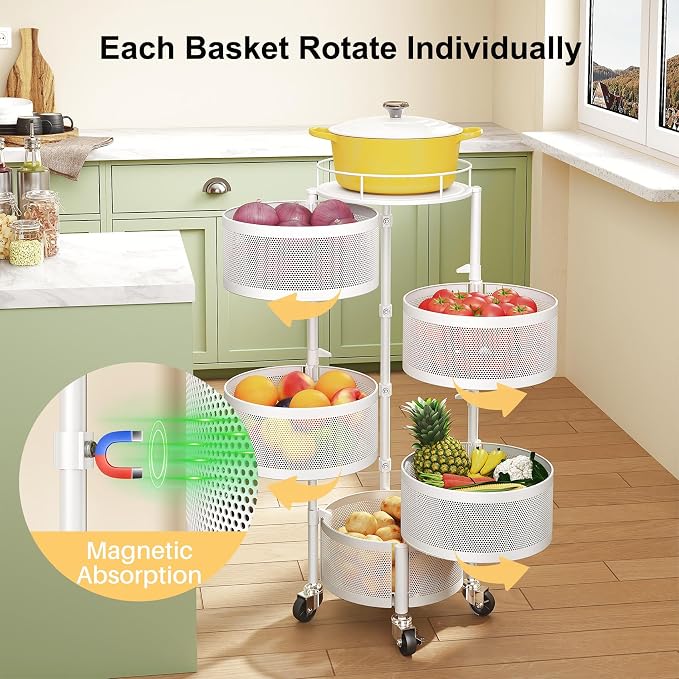 SNTD Fruit and Vegetable Basket Bowls for Kitchen with Metal Top Lid, 5 Tier Rotating Storage Rack Cart for Potato Onion Banana, Wire Basket Organizer on Wheels, Large (White) - Image 3