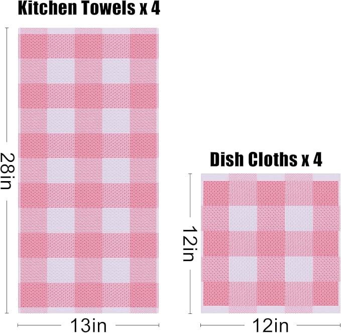 Homaxy Kitchen Towels and Dishcloths Set, Set of 16, White & Pink | Bulk Cotton Waffle Weave Check Plaid Kitchen Towels, Super Soft and Absorbent Dish Cloths, 12 x 12 and 13 x 28 Inches - Image 3