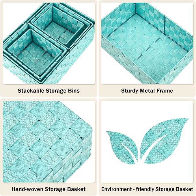 Storage Baskets with Lids: 6 Pack Stackable Woven Storage Bins, Aqua | Decorative Woven Baskets for Organizing with Built-In Handles for Shelves, Closets, Cabinets and Cubbies, Gift Small Basket - Image 4