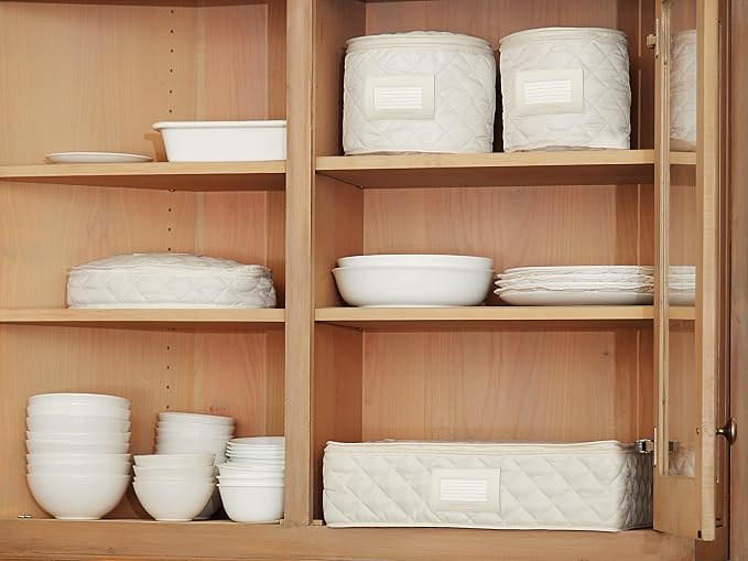 Covermates Keepsakes Dish Storage Set – Padded China & Dinnerware Storage Cases with Dividers, Cup & Stemware Storage, Quilted Polyester Protection, ID Window, Cream - Image 8