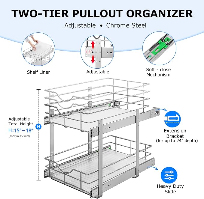 WelFurGeer 2-Tier Kitchen Cabinet Pullout Shelf and Drawer Organizer, Soft Close Pantry Pull Out Shelves, Heavy Duty Pull Out Cabinet Organizer with Shelf Liner for Kitchen Cabinets, Pantry Storage - Image 5