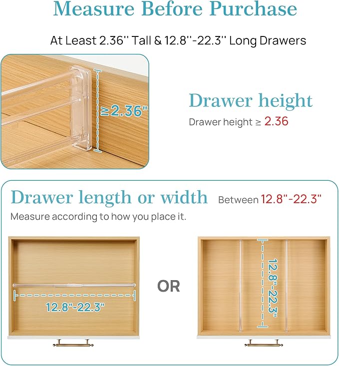Vtopmart 2.36” Drawer Dividers with Expandable Inserts, 12.8"-22.3" Adjustable Kitchen Drawer Organizer, Clear Plastic Organizer Separator for Flatware, Utensil, Cutlery, 6 Dividers with 10 Inserts - Image 3