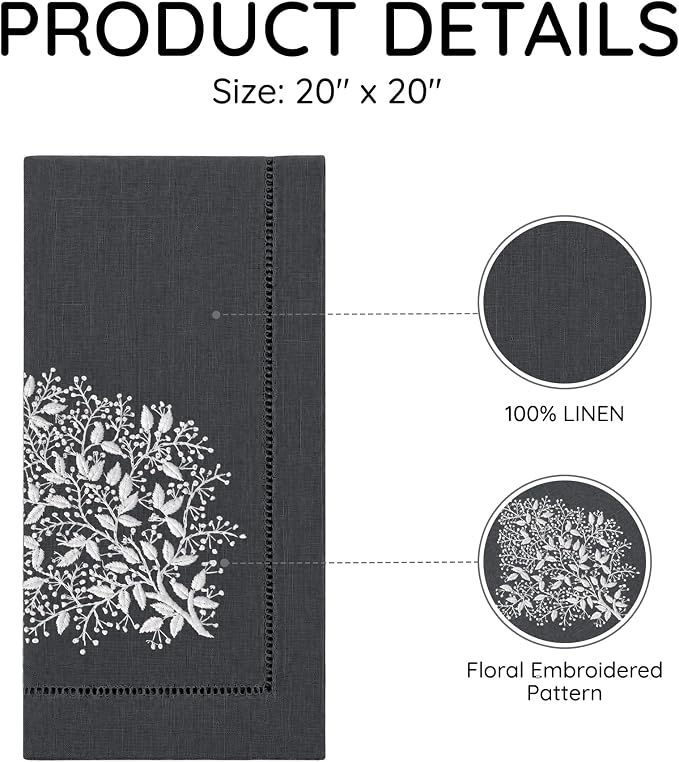 Cloth Napkins Set of 4, 20x20 inch, 100% Linen Hand Embroidered French Knot, Reusable & Machine Washable, Elegant Table Napkins for Dinner, Weddings, Parties (Charcoal) - Image 3