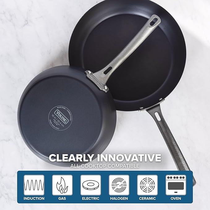 Viking Blue Carbon Steel Frying Pans, Kitchen Cookware Set, 10 and 12 Inch, Black - Image 5
